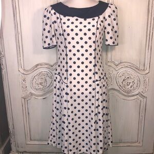 TRUE VINTAGE Hand Made Cream with Navy Dots Short Sleeve Sheath Dress